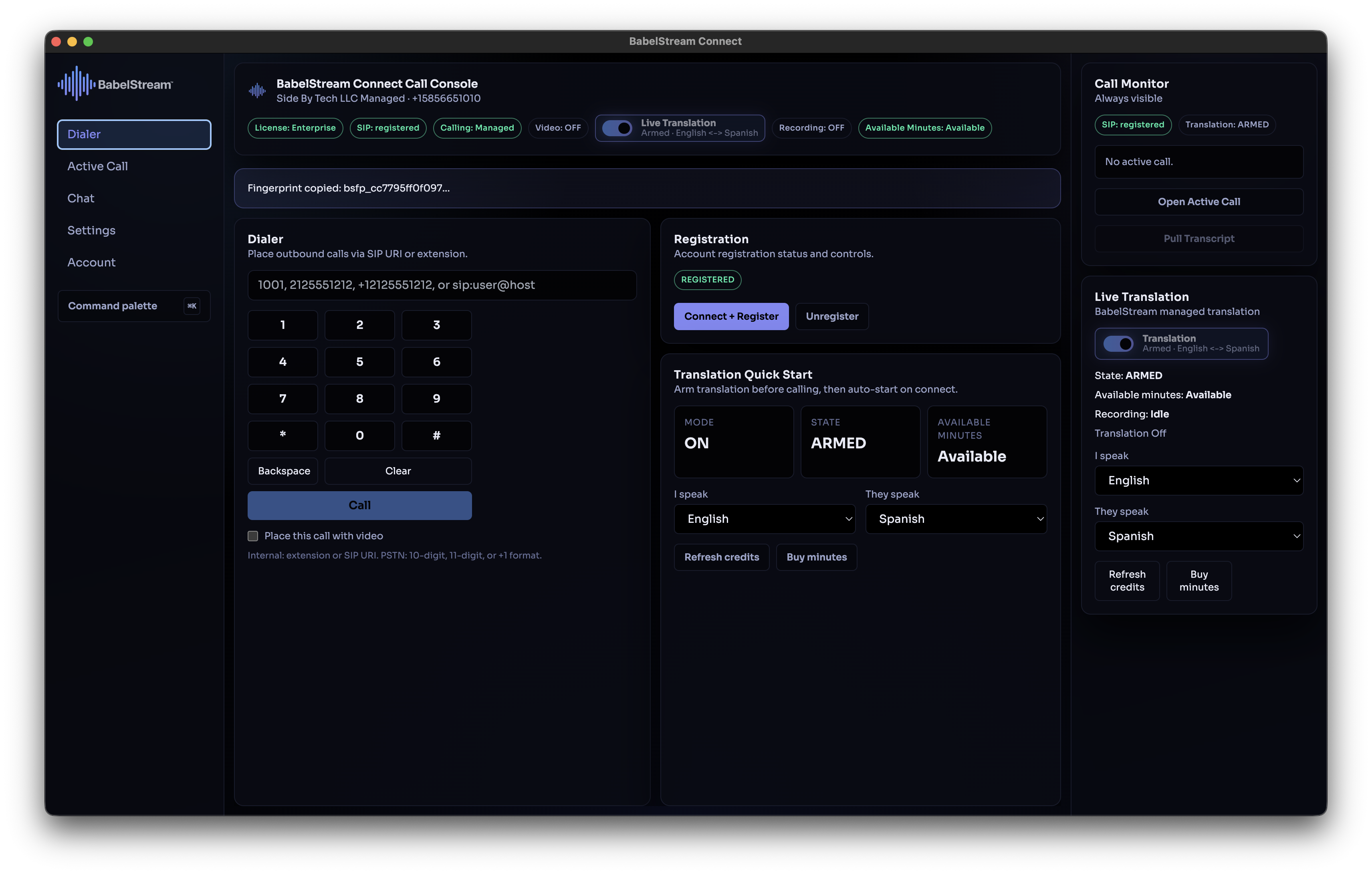 BabelStream Connect call console